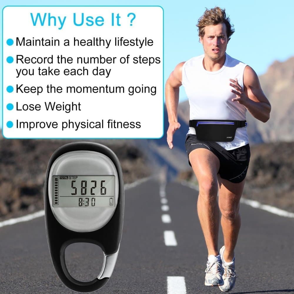 3D Pedometer with LED Display for Running and Walking, Portable Step Counter with Climbing Carabiners, White