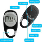 3D Pedometer with LED Display for Running and Walking, Portable Step Counter with Climbing Carabiners, Black