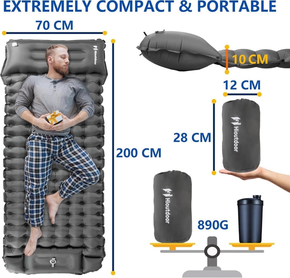 Self-inflating mattress 10cm, dark green, lightweight waterproof tear-resistant for camping beach hiking, with foot pump