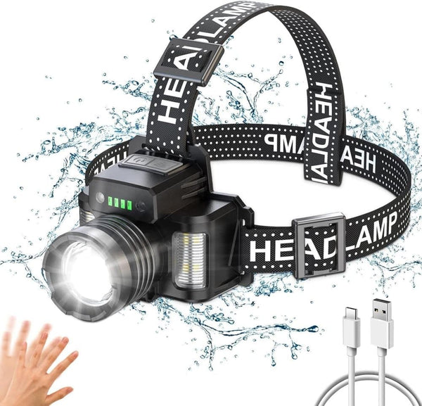 18000lm LED Headlamp USB Rechargeable Waterproof with Motion Sensor, Black
