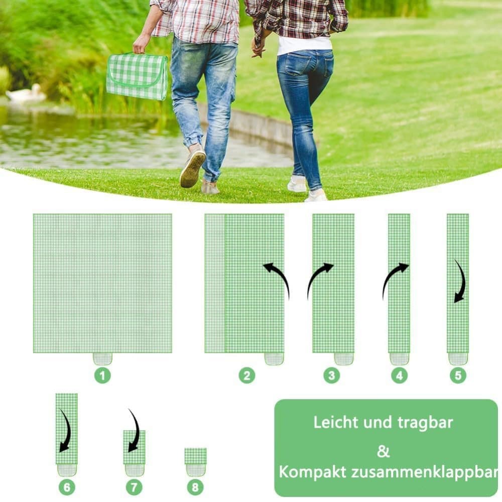 Waterproof Picnic Mat Foldable with Carrying Handle for Camping Beach Park Outdoor Activities, 150x200cm, Green