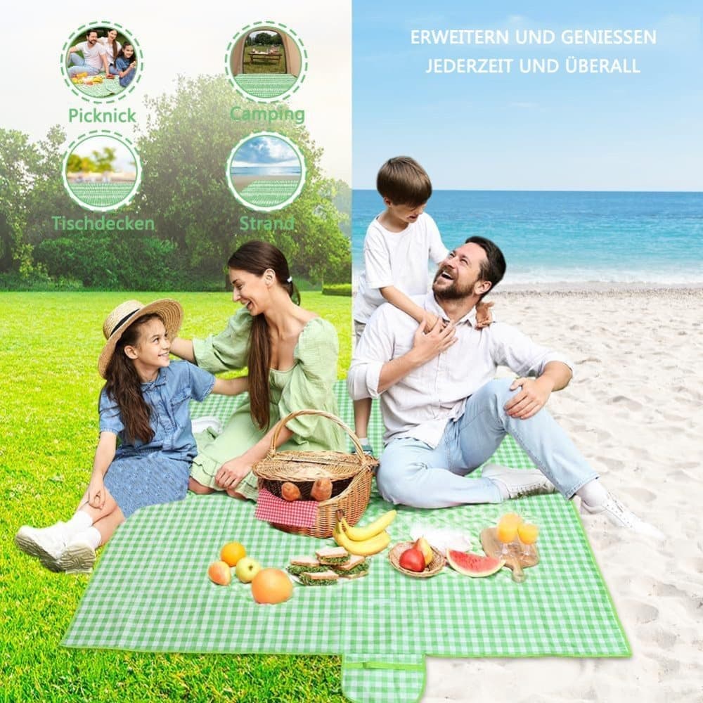 Waterproof Picnic Mat Foldable with Carrying Handle, Durable for Camping Beach Park Outdoor, 100x150cm, Green