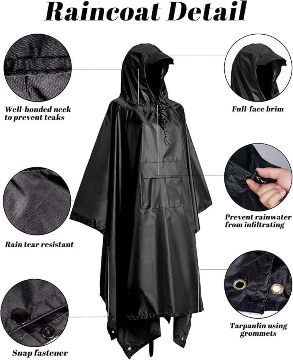 Waterproof Rain Jacket Poncho 3-in-1 Multifunctional with Hood, Gray