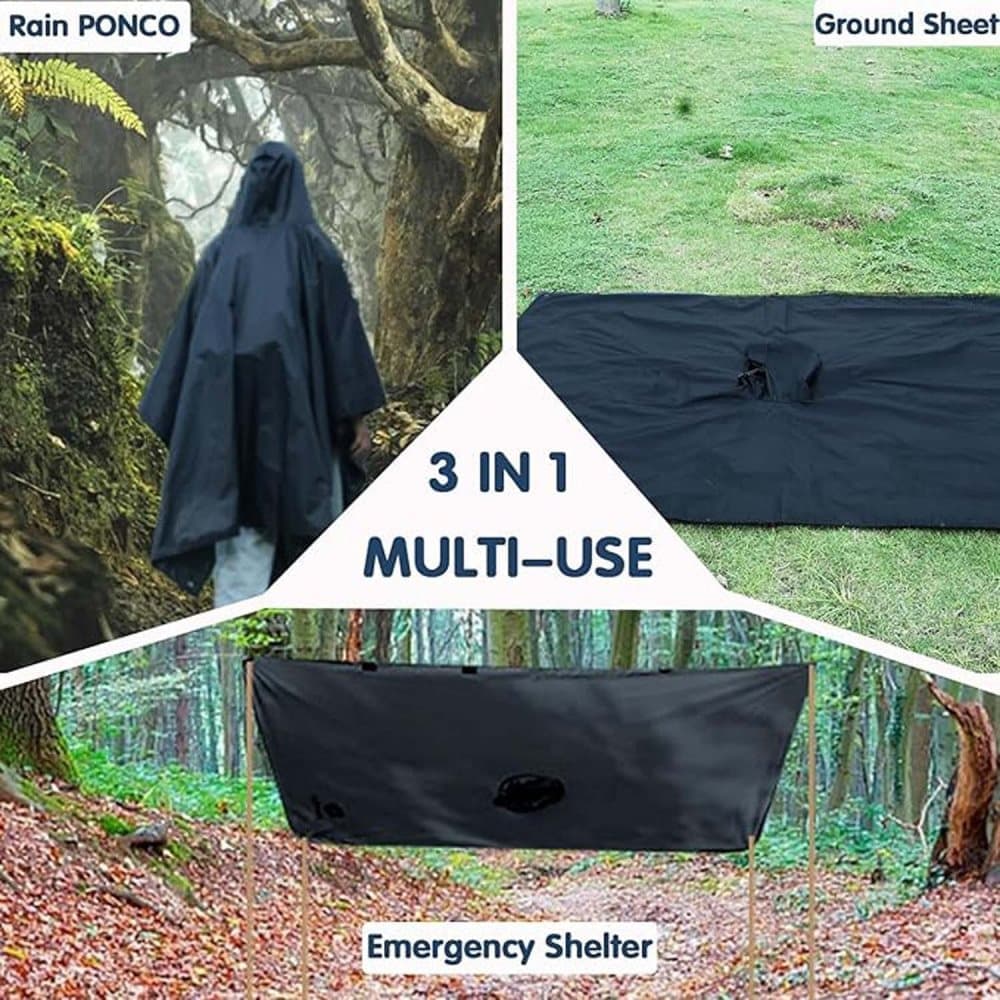 Waterproof Rain Jacket Poncho 3-in-1 Multifunctional with Hood, Gray