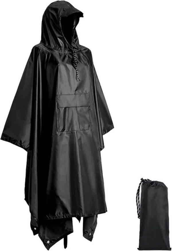 3-in-1 Waterproof Rain Jacket Poncho with Hood, Breathable Raincoat, Black