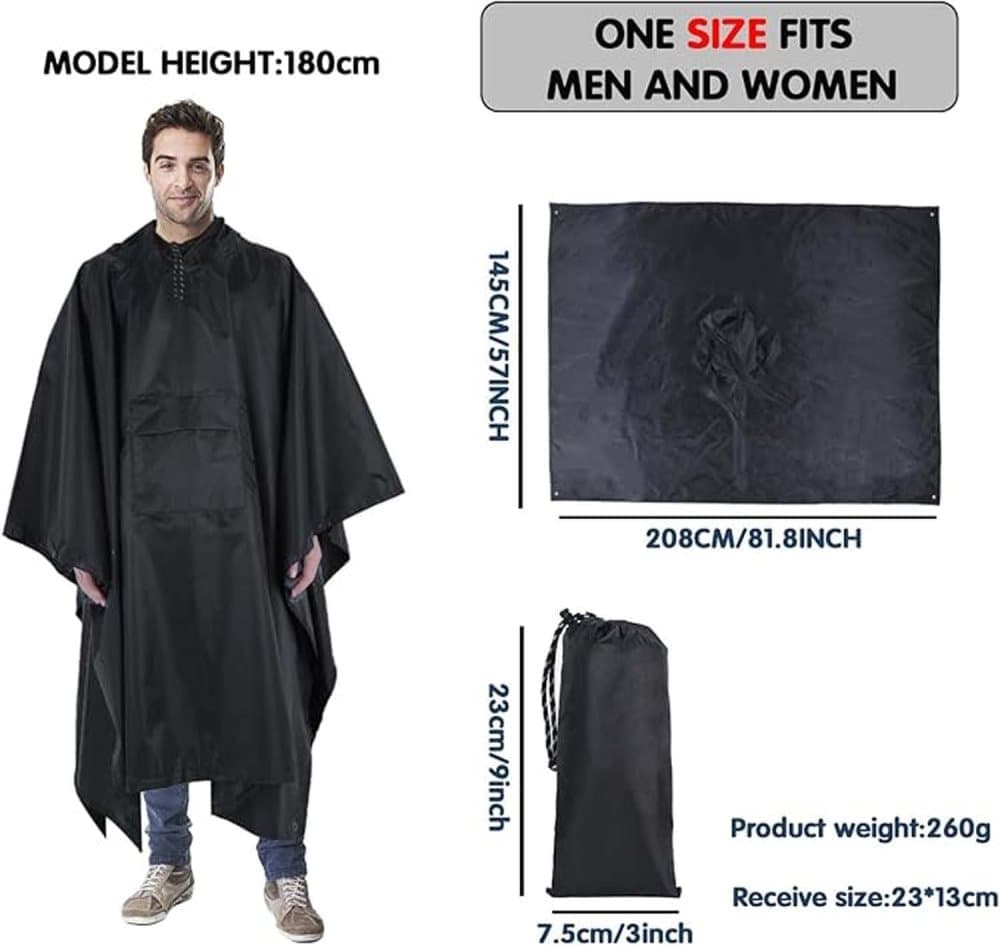3-in-1 Waterproof Rain Jacket Poncho with Hood, Breathable Raincoat, Black