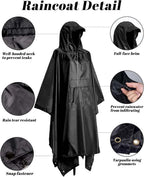 3-in-1 Waterproof Rain Jacket Poncho with Hood, Breathable Raincoat, Black