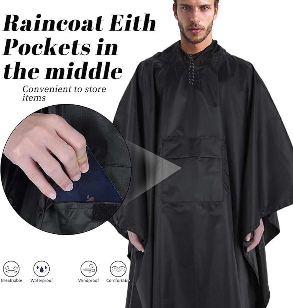 3-in-1 Waterproof Rain Jacket Poncho with Hood, Breathable Raincoat, Black