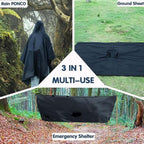 3-in-1 Waterproof Rain Jacket Poncho with Hood, Breathable Raincoat, Black