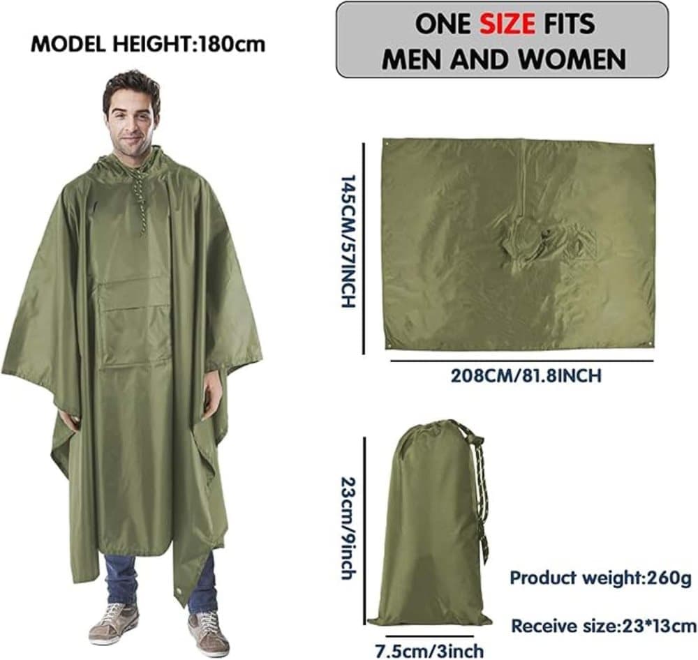 Waterproof Rain Jacket 3-in-1 Multifunctional Hooded Poncho, Green, with Tarp Underlay, Breathable and Waterproof