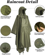 Waterproof Rain Jacket 3-in-1 Multifunctional Hooded Poncho, Green, with Tarp Underlay, Breathable and Waterproof