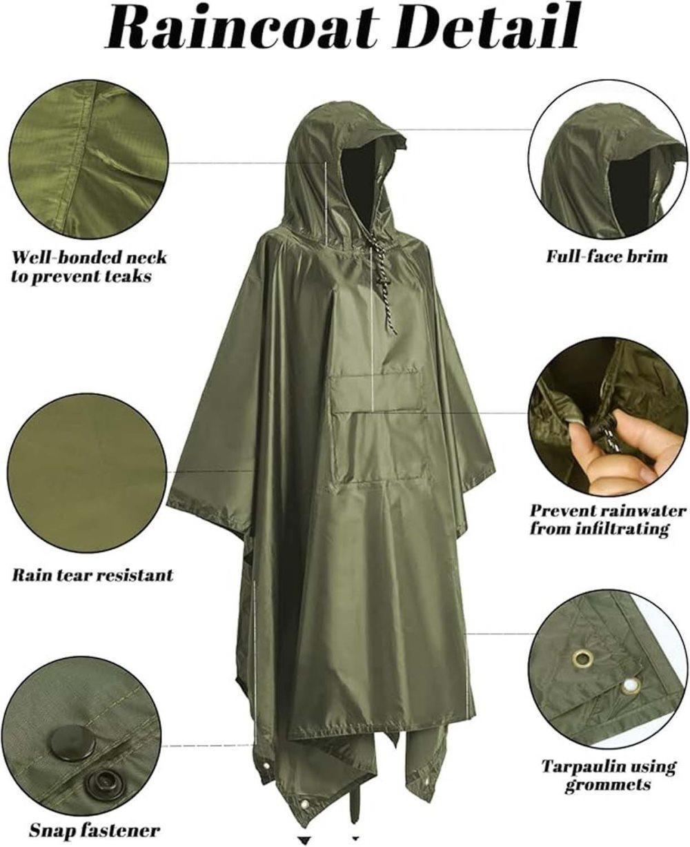 Waterproof Rain Jacket 3-in-1 Multifunctional Hooded Poncho, Green, with Tarp Underlay, Breathable and Waterproof