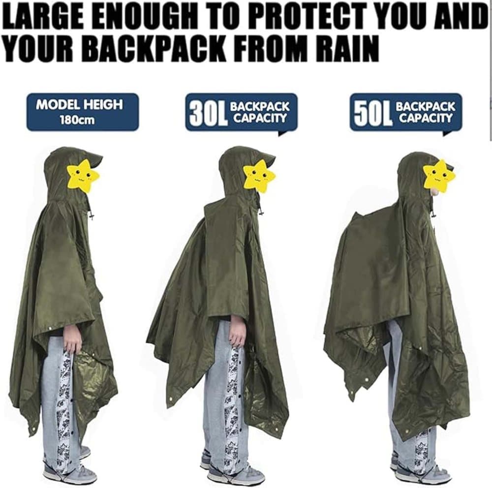 Waterproof Rain Jacket 3-in-1 Multifunctional Hooded Poncho, Green, with Tarp Underlay, Breathable and Waterproof