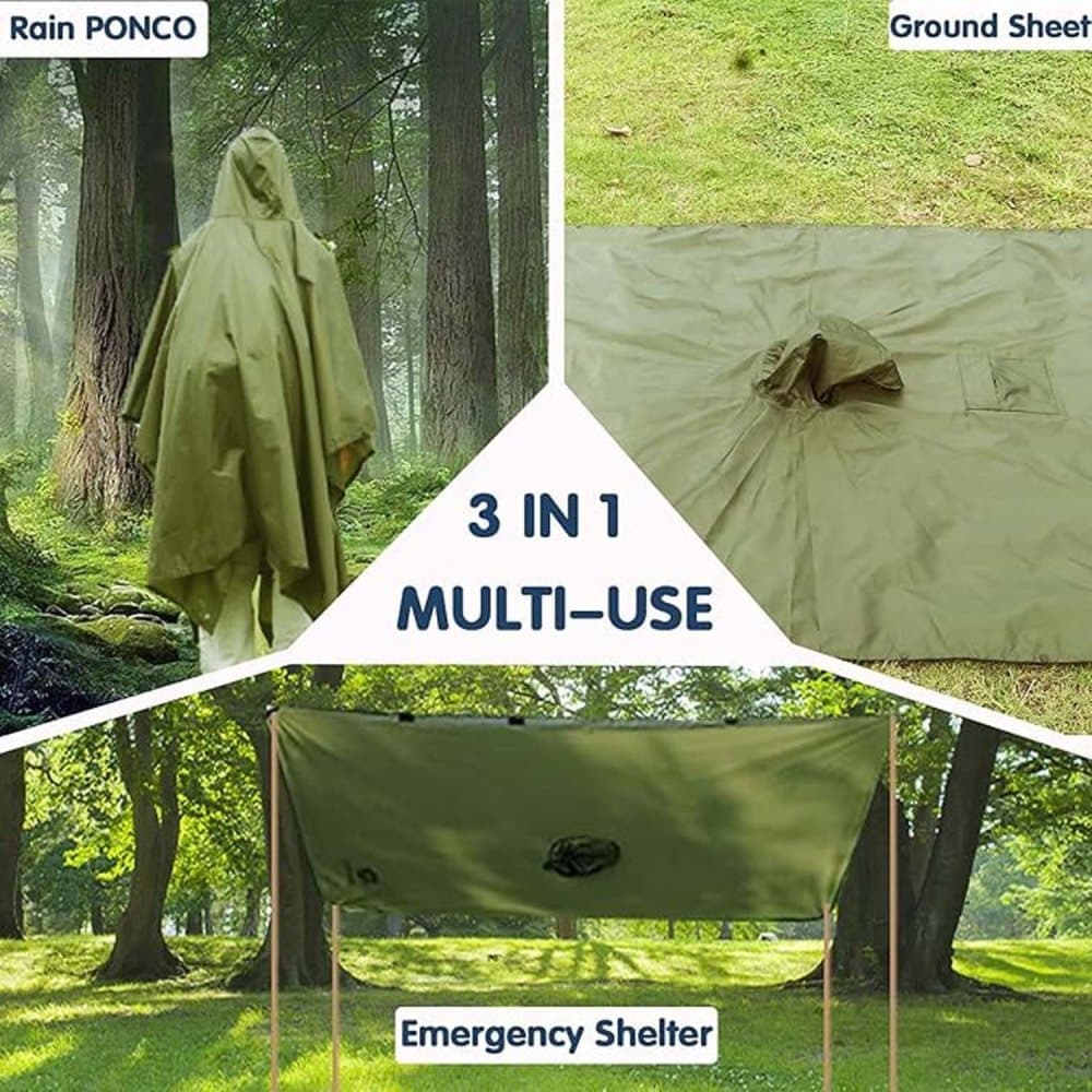 Waterproof Rain Jacket 3-in-1 Multifunctional Hooded Poncho, Green, with Tarp Underlay, Breathable and Waterproof
