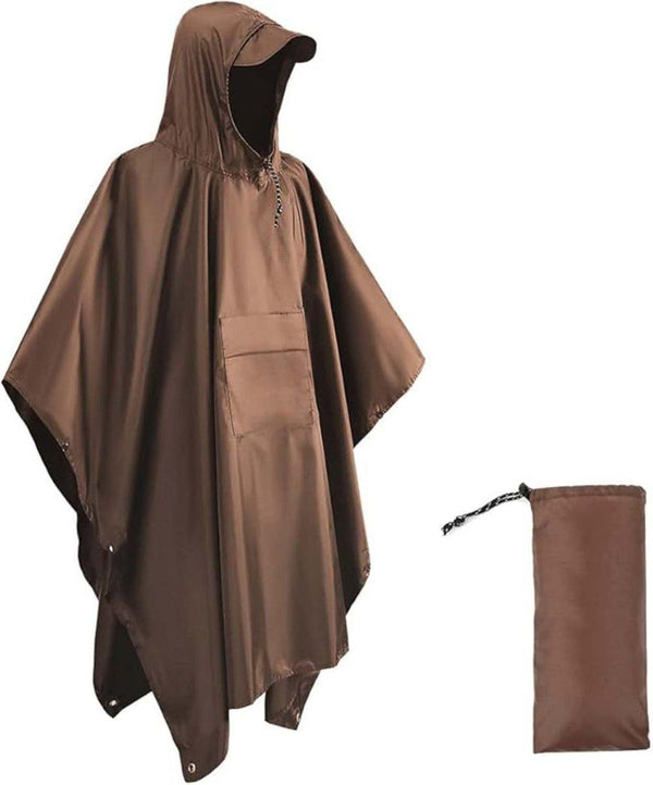 3-in-1 Waterproof Rain Jacket Poncho with Hood, Breathable for Outdoor Activities, Brown