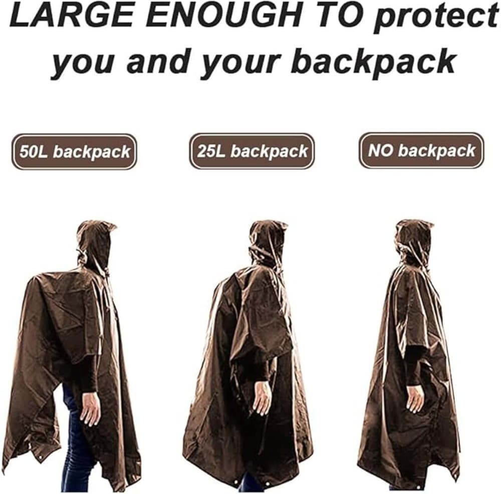 3-in-1 Waterproof Rain Jacket Poncho with Hood, Breathable for Outdoor Activities, Brown