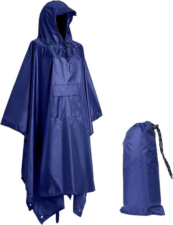 3-in-1 Waterproof Rain Jacket Poncho with Hood, Breathable for Outdoor Activities, Blue