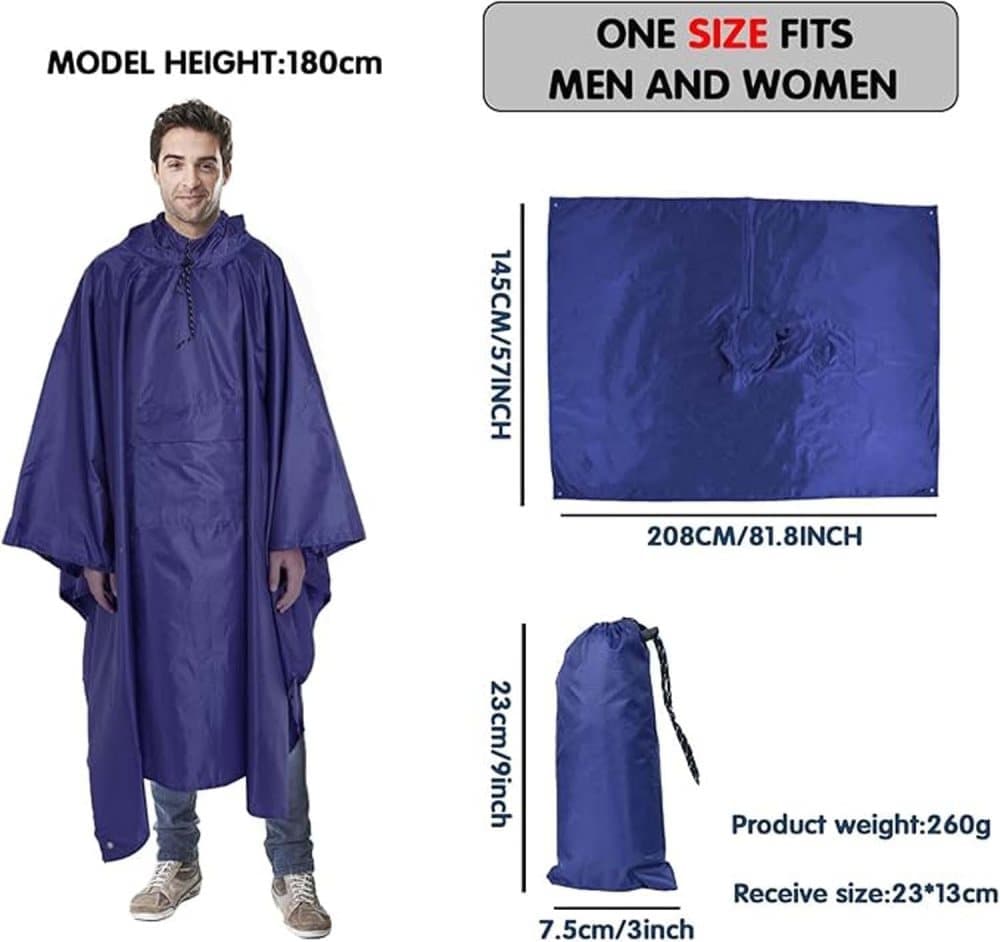 3-in-1 Waterproof Rain Jacket Poncho with Hood, Breathable for Outdoor Activities, Blue