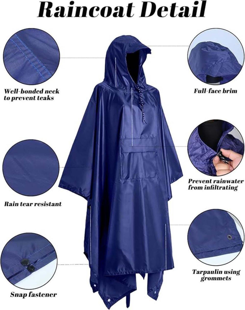3-in-1 Waterproof Rain Jacket Poncho with Hood, Breathable for Outdoor Activities, Blue