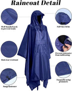 3-in-1 Waterproof Rain Jacket Poncho with Hood, Breathable for Outdoor Activities, Blue