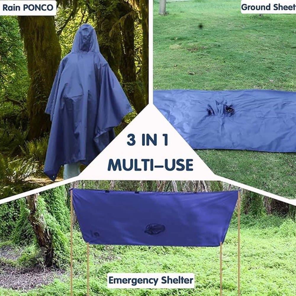 3-in-1 Waterproof Rain Jacket Poncho with Hood, Breathable for Outdoor Activities, Blue