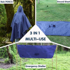 3-in-1 Waterproof Rain Jacket Poncho with Hood, Breathable for Outdoor Activities, Blue