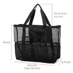 6 Pockets Mesh Beach Bag, Foldable Picnic Bag for Family, Compatible with Oral-B, Large, Black