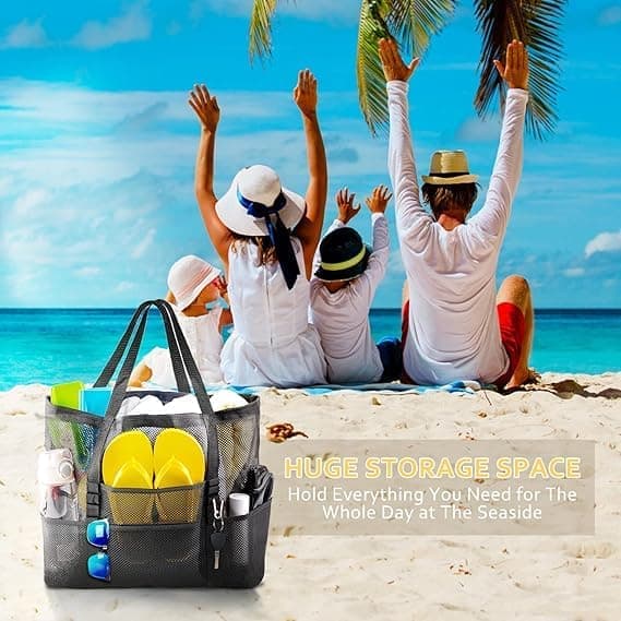 Foldable Mesh Beach Bag with 6 Pockets, Family Picnic Bag, Gray, One Size