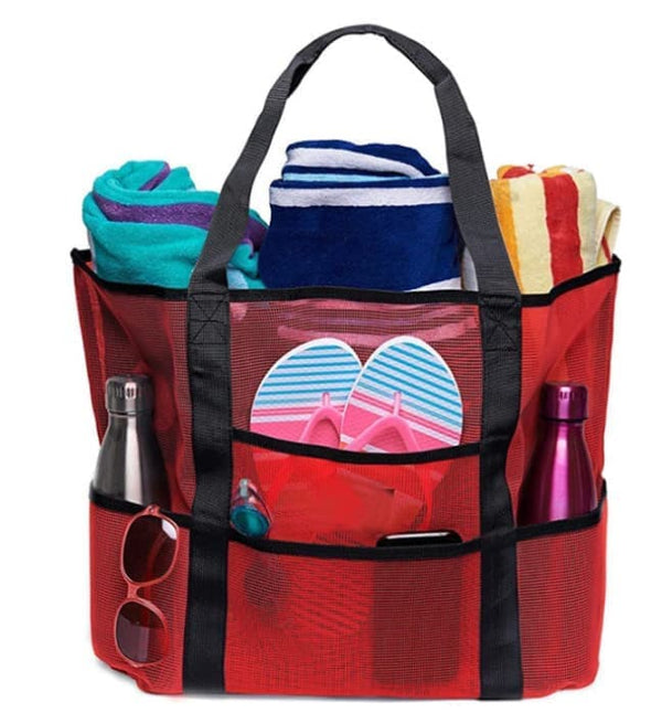 6-Pocket Foldable Mesh Beach Bag for Family Picnic, One Size, Red