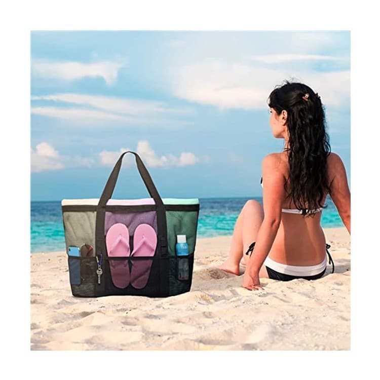 6-Pocket Foldable Mesh Beach Bag for Family Picnic, One Size, Red