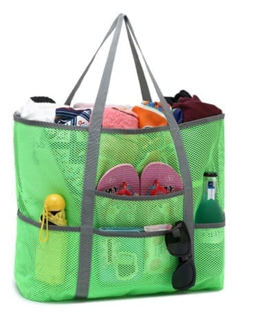 Foldable Beach Bag with 6 Mesh Pockets for Family Picnic, Green, 1 Pack