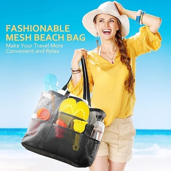 Foldable Beach Bag with 6 Mesh Pockets for Family Picnic, Green, 1 Pack