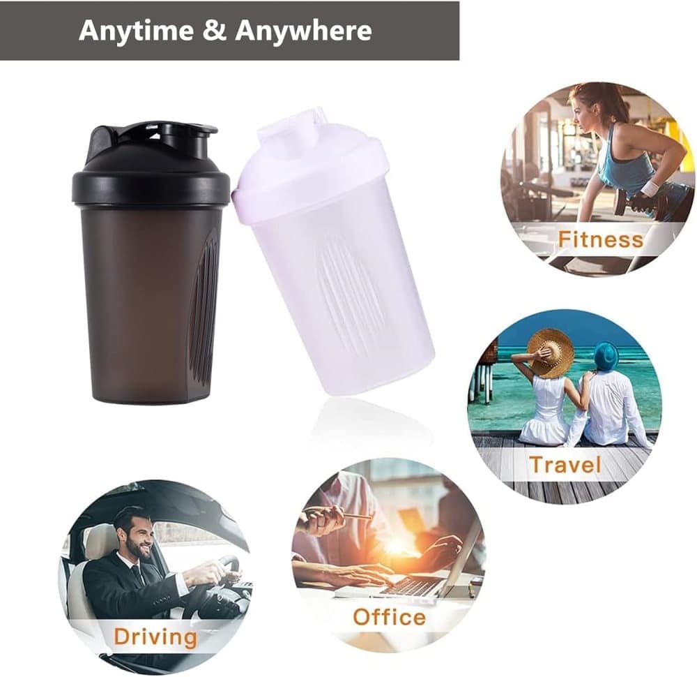 400ml Protein Shaker, Leak-proof Water Bottle with Stainless Steel Strainer and Measuring Scale, Blue