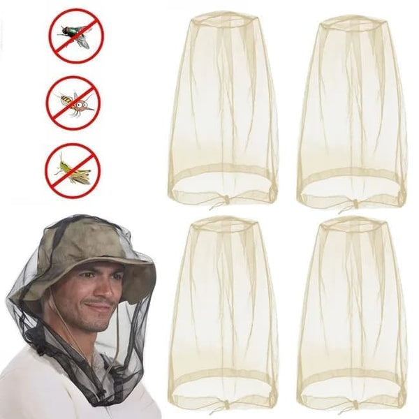 4 pcs Mosquito Net for Hat, Waterproof Adjustable Ultra-fine with Storage Bag, for Fishing Hiking Camping, Beige