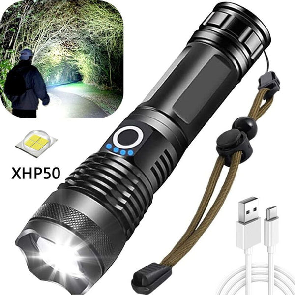 LED Flashlight, 5000 Lumens USB Rechargeable Tactical Torch, 5 Modes, Zoomable, Waterproof, 18650 Battery Included