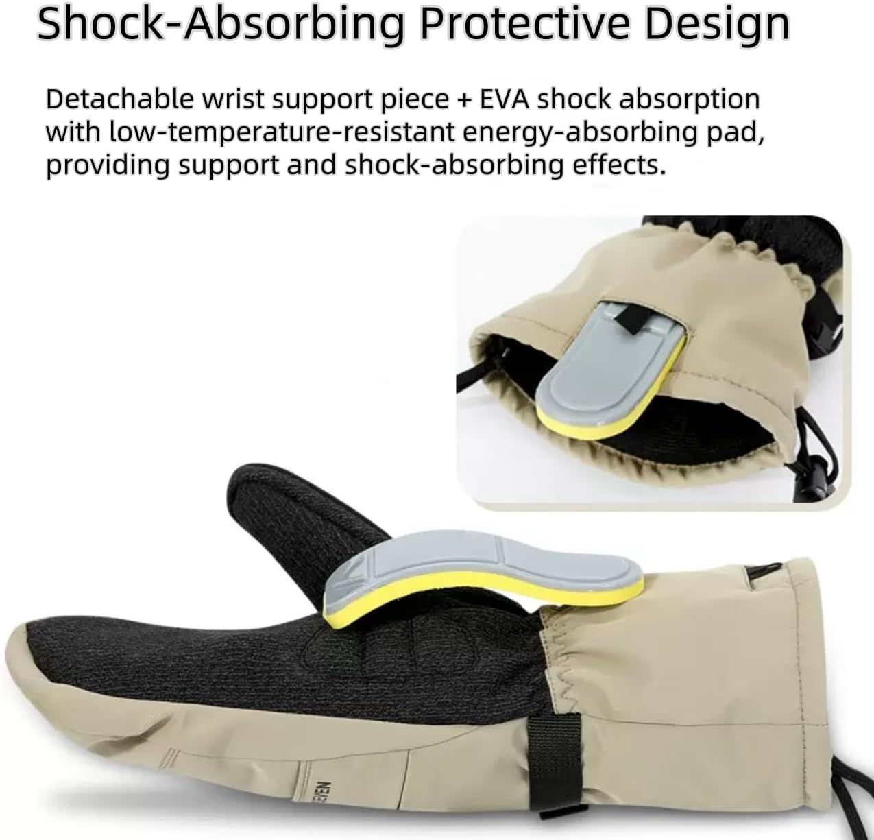 Waterproof Windproof Thermal Winter Gloves - Ski Gloves for Men & Women - Removable Wrist Support - Suitable for Snowboarding, Winter Sports, Cold Weather (Size L, Khaki)