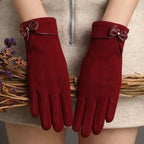 Insulated Women's Gloves - Extra Thick Lining - Specially Designed for Cycling - With Bow Decoration - Soft and Stretchy - Red