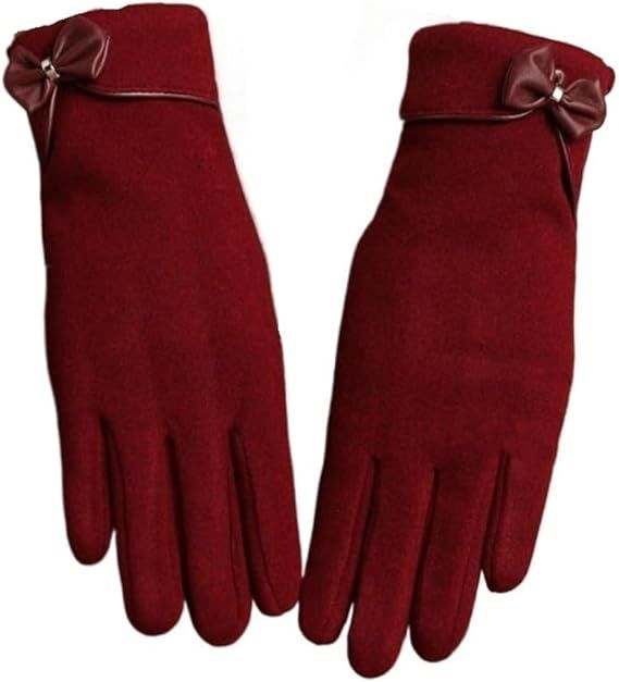 Insulated Women's Gloves - Extra Thick Lining - Specially Designed for Cycling - With Bow Decoration - Soft and Stretchy - Red
