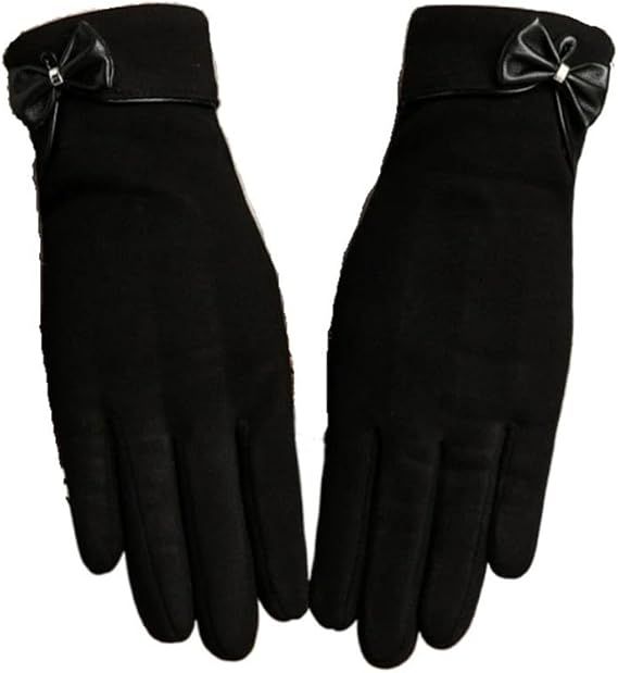 Insulated Women's Gloves - Extra Thick Lining - Specially Designed for Cycling - With Bow Decoration - Soft and Stretchy - Black