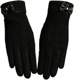 Insulated Women's Gloves - Extra Thick Lining - Specially Designed for Cycling - With Bow Decoration - Soft and Stretchy - Black