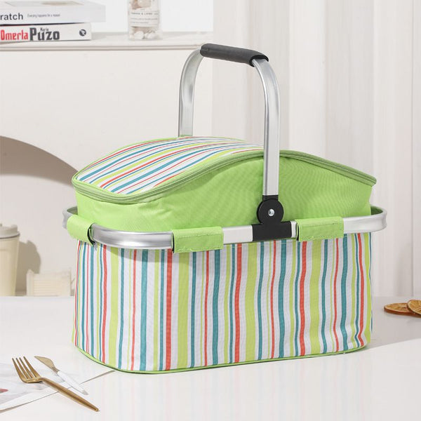 27L Foldable Insulated Picnic Basket Cooler Bag with Aluminum Handles, Green Striped Thermal Hamper