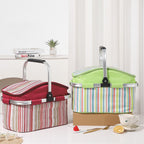 27L Foldable Insulated Picnic Basket Cooler Bag with Aluminum Handles, Green Striped Thermal Hamper