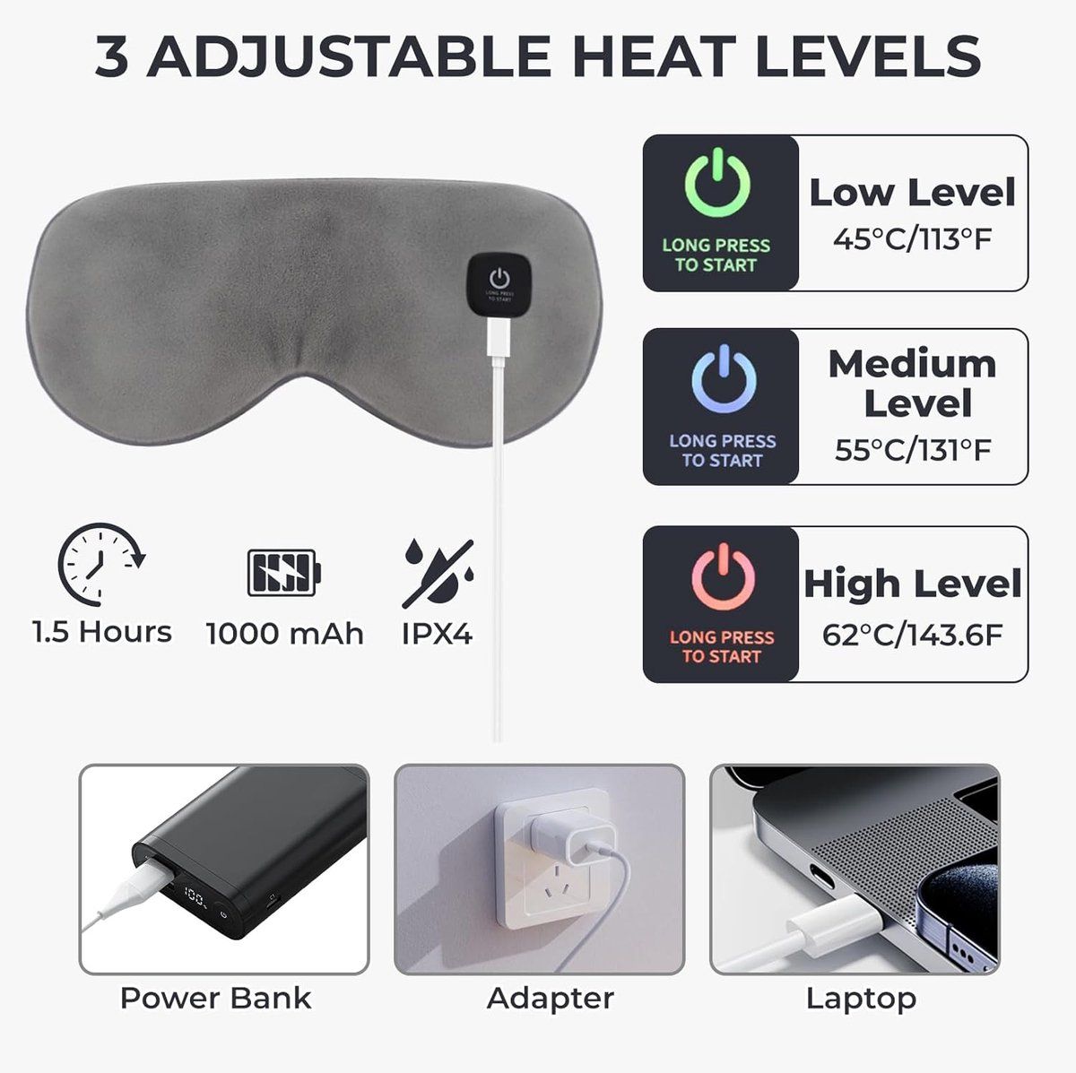 Heated Eye Mask Wireless Washable with 3 Temperature Settings