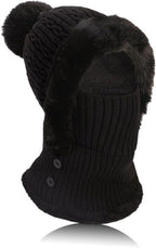 Beanie and Neck Warmer Set Knitted Winter Hat with Pom Pom Black, One Size