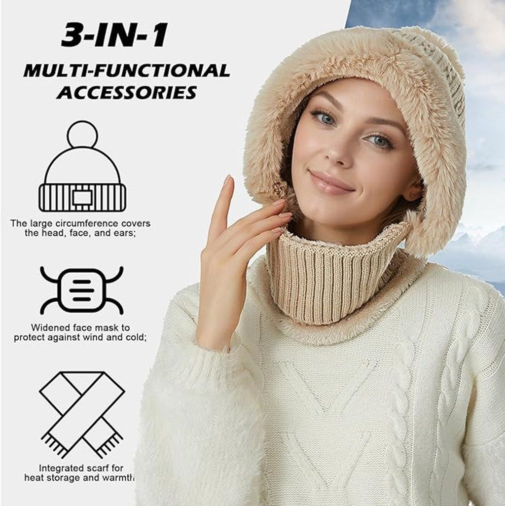 Beanie and Neck Warmer Set Knitted Winter Hat with Pom Pom Black, One Size
