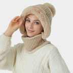 Beanie and Neck Warmer Set Knitted Winter Hat with Pom Pom Black, One Size
