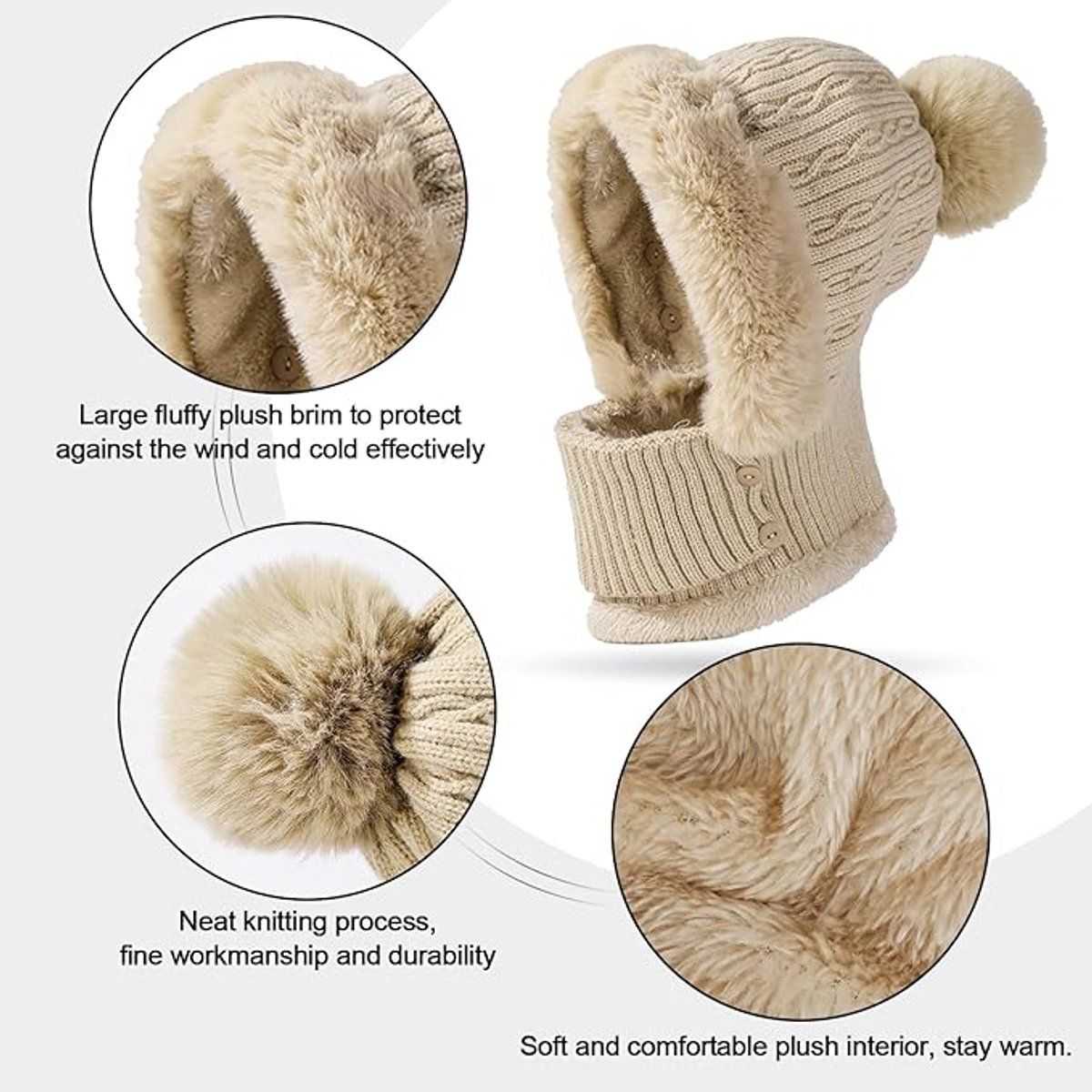 Beanie and Neck Warmer Set Knitted Winter Hat with Pom Pom Light Khaki, One Size