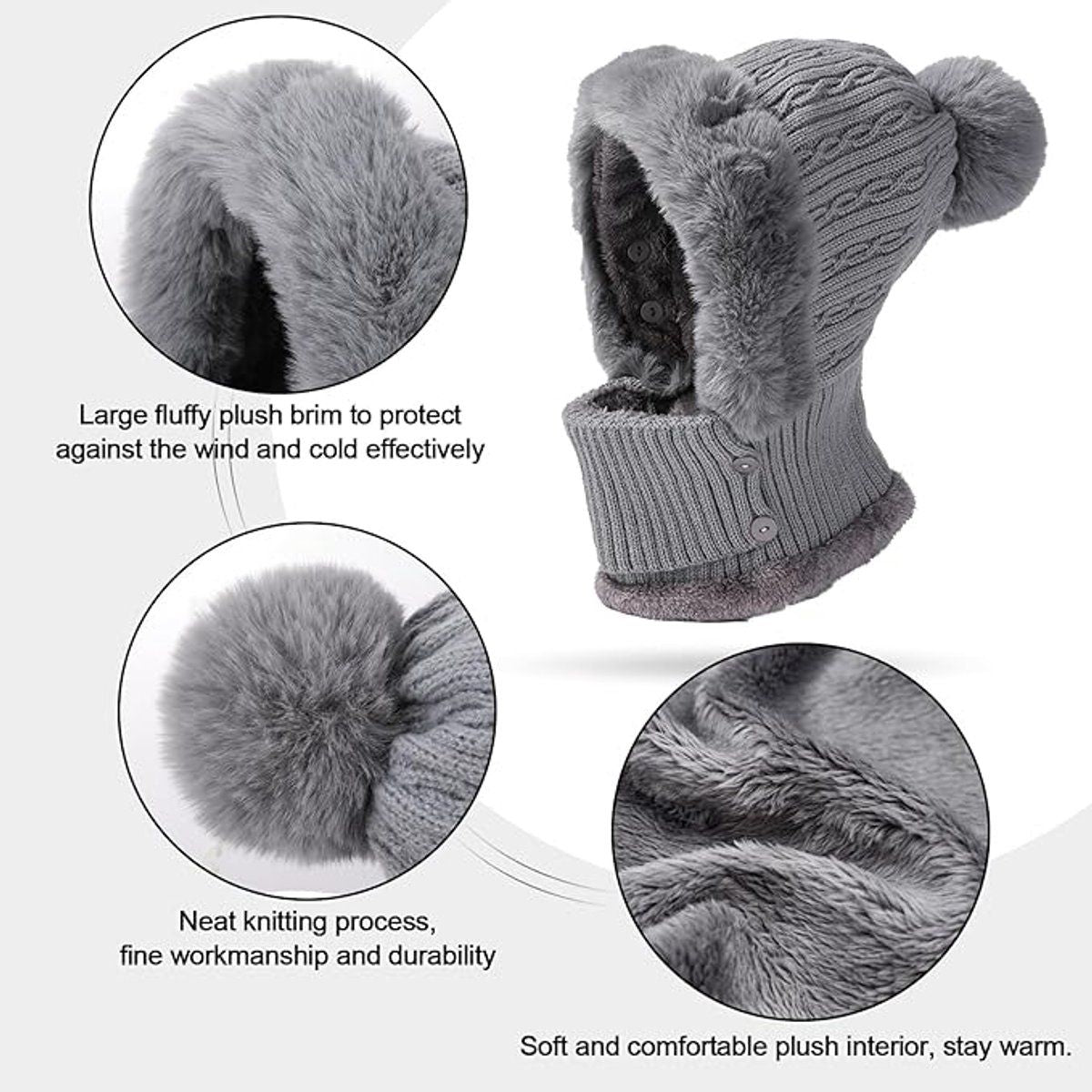 Beanie and Neck Warmer Set Knitted Winter Hat with Pom Pom Grey, One Size