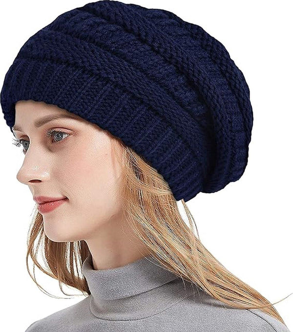 Navy Blue Women's Slouchy Ski Hat with Satin Lining
