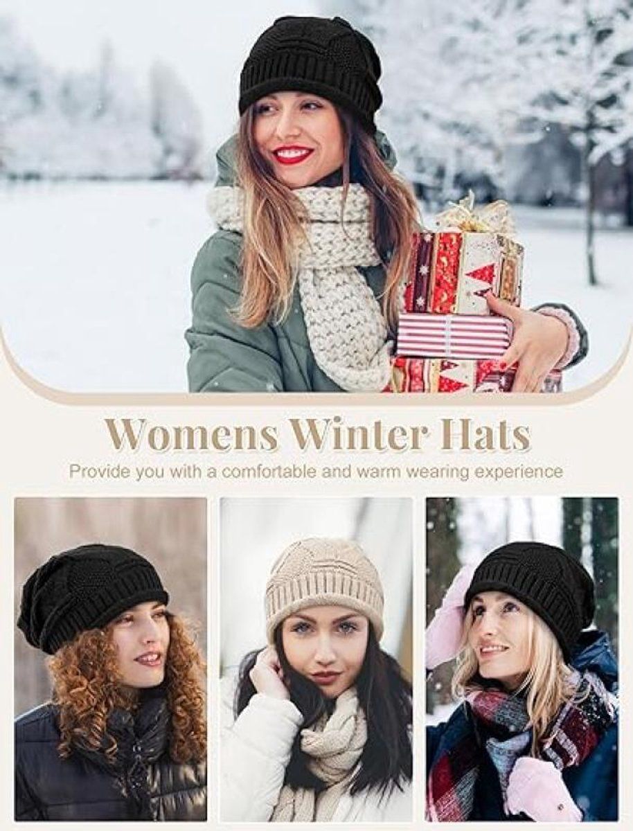2 Piece Knitted Beanie Hat Set Ultra Warm Unisex Black White